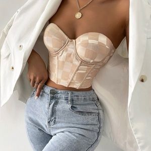 Checker Print Grommet Lace Up Back Crop Tube Top